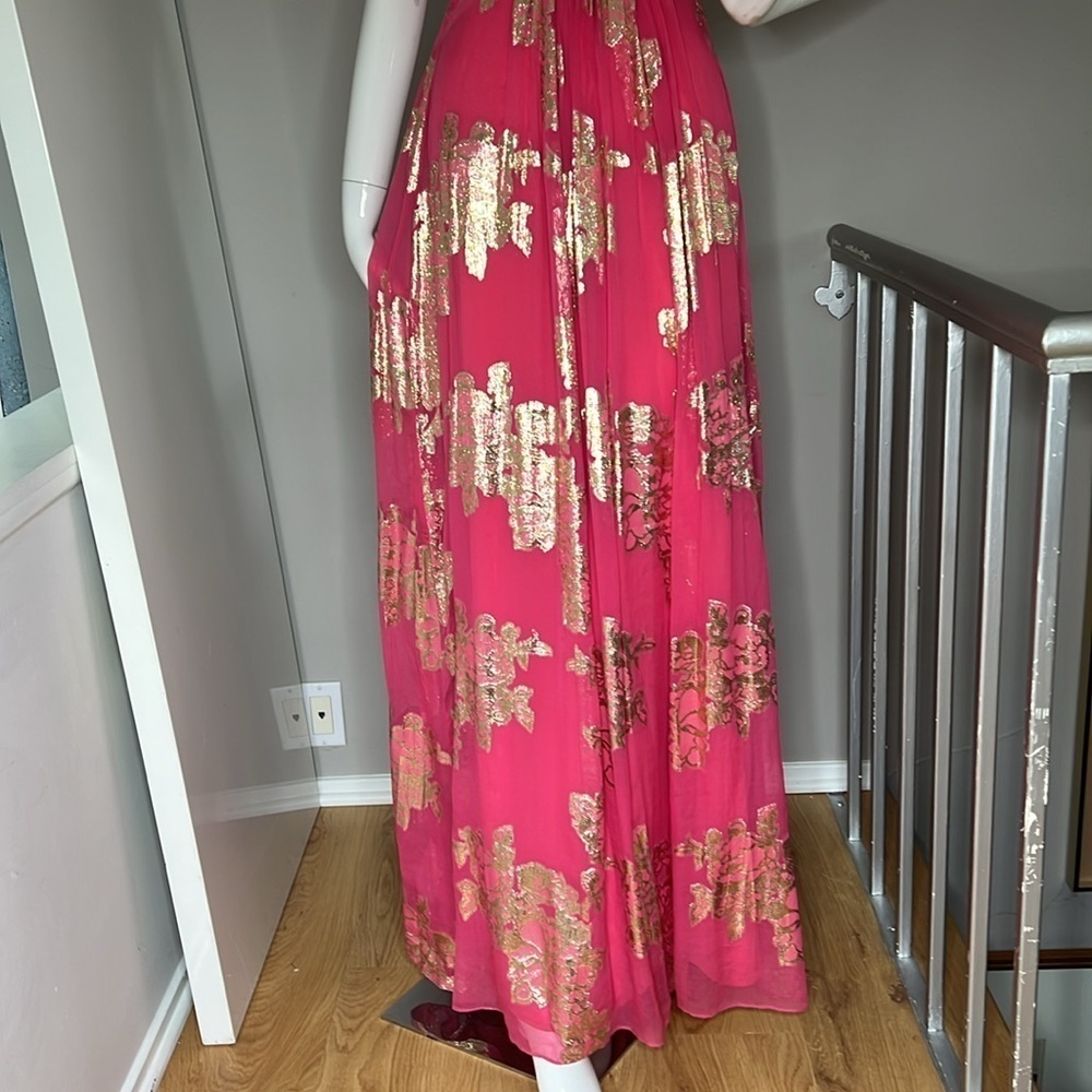 Xscape Sz 10 Pink Silk Gold Lurex Full Length Sleevles Gown Maxi Dress - Picture 6 of 14